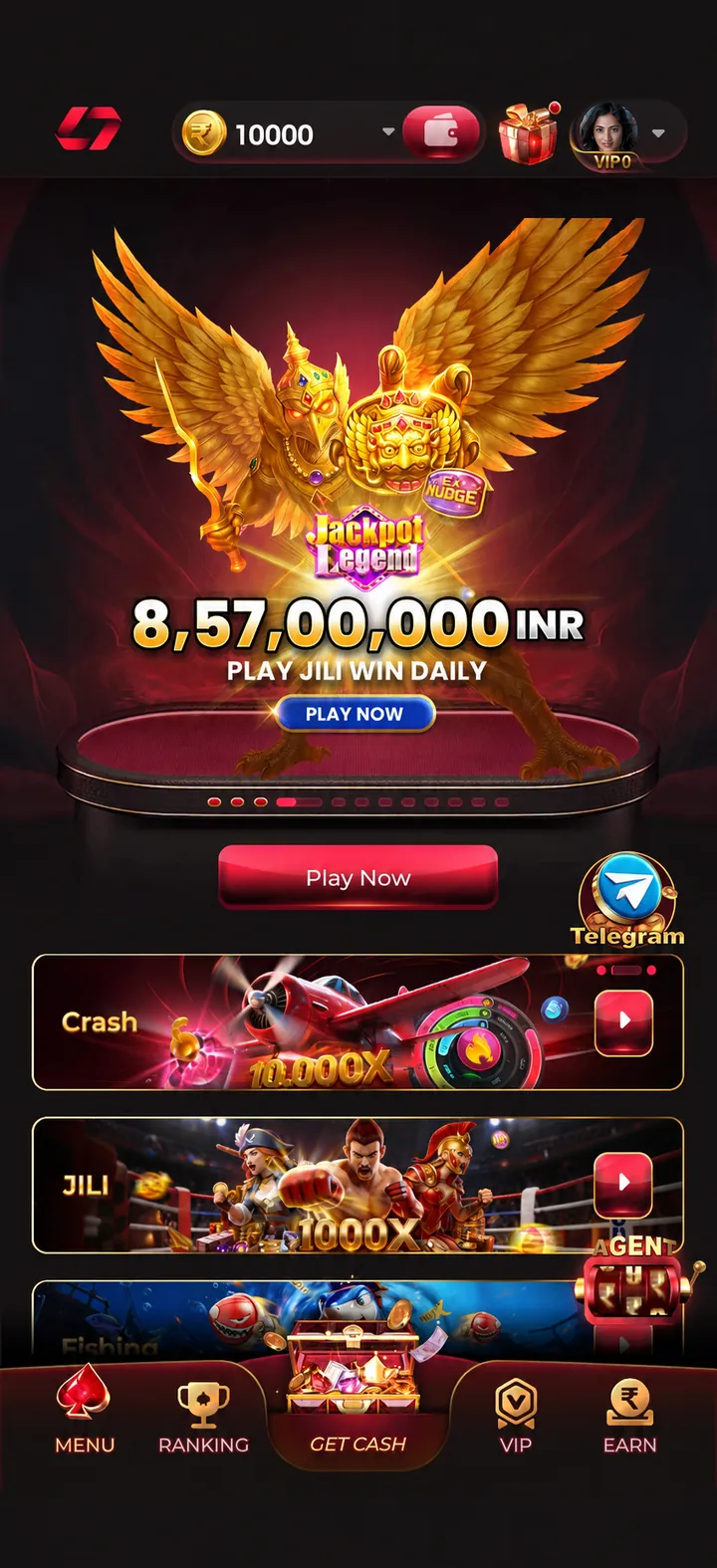 IN7 game APK lobby on an Android phone