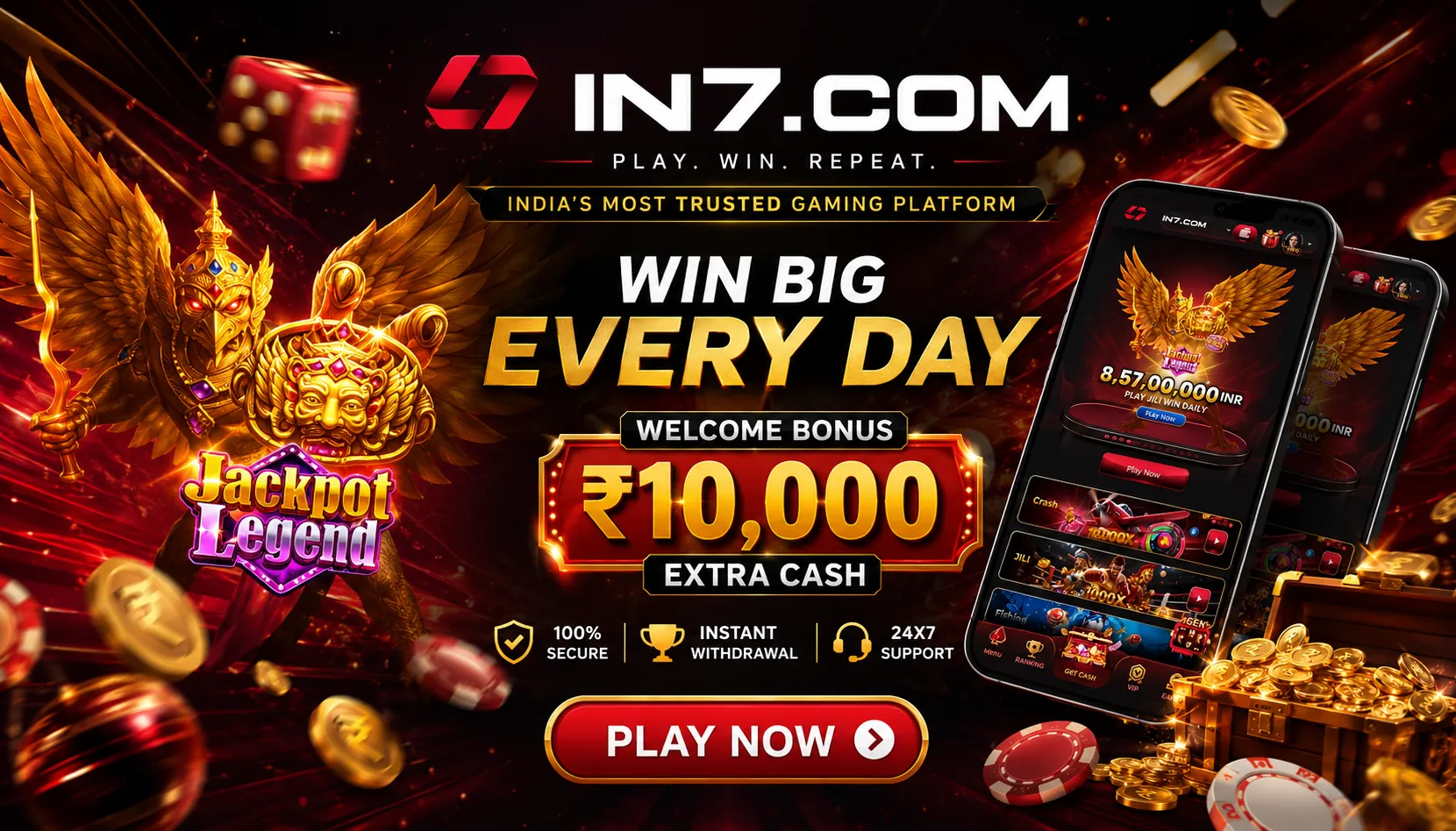 IN7 APK download offer: up to ₹10,000 on a qualifying first deposit, with operator support. Winnings are not guaranteed.